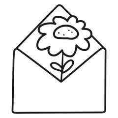 Envelope with chamomile inside. Black color. Flat vector design. Outline illustration on white background