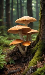 Fototapeta premium A forest mushroom cap with a network of fine mycelium, symbiotic relationship , forest fungi