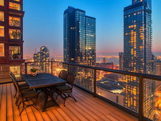 Obraz premium Cityscape Balcony Dining Overlooks Sparkling Urban Night Lights at Dusk