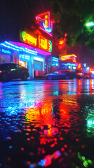 Fototapeta premium Neon City Reflections Dance on Wet Asphalt at Night