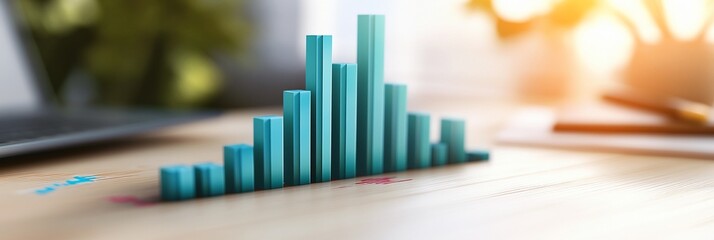 Obraz premium Teal 3D bar graph on a wooden desk.