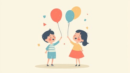 Two Joyful Children Holding Colorful Balloons in a Festive Atmosphere, Celebrating a Happy Moment Together with Fun Decorations and Confetti Around Them