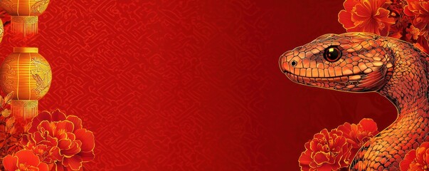 Obraz premium Chinese new year (Snake year) Background. A vibrant red background featuring a snake and decorative flowers, evoking a festive atmosphere.