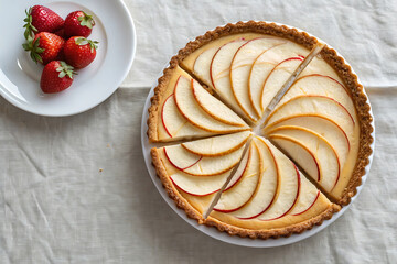 Creative pi day celebration with apple pie and fresh strawberries.