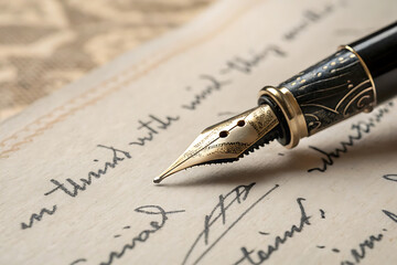 Fototapeta premium World poetry day celebration with macro shot of ink pen on vintage paper.