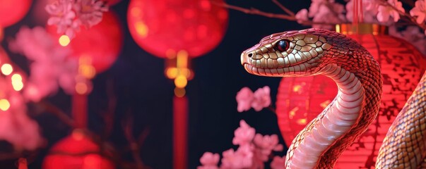 Obraz premium Chinese new year (Snake year) Background. A striking snake coiled near vibrant red lanterns and pink blossoms, embodying a festive and cultural atmosphere.