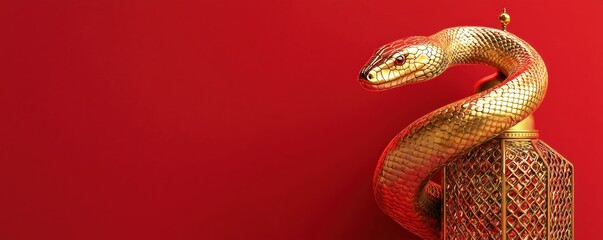 Obraz premium Chinese new year (Snake year) Background. A golden snake coiled around an ornate pedestal against a vibrant red background, symbolizing power and elegance.