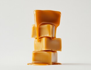 Stack of three caramel candies with sauce dripping.