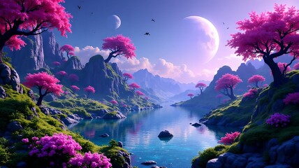 Planet of alien landscape with exotic plants, lakes and fauna. Fantasy art