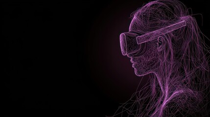 Woman wearing VR headset, profile view, abstract lines, dark background.