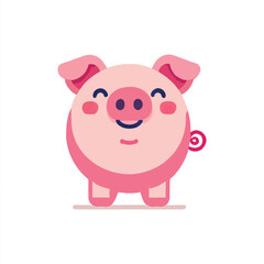 Illustration of a happy pink pig with a curled tail, standing on a white background. The pig has a simple, cartoonish design with rounded features and a cheerful expression.