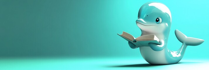Cute cartoon dolphin reading a book against a teal background. (1)