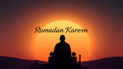 A silhouette of a man praying in front of the mosque, in the mosque, admiring the mosque