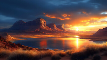Desert Sunset Reflects on Lake with Mountains