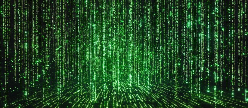 Digital Rain: A mesmerizing cascade of green code in a dark digital space.