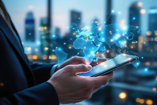 Businessman holding smartphone, glowing digital world map hologram overlay, blurred cityscape background. Concept of global connectivity. Ai generative