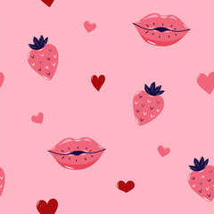 Valentine's Day Seamless pattern with strawberry and Kissing lips. Cute background for textiles and packaging. Vector illustration.