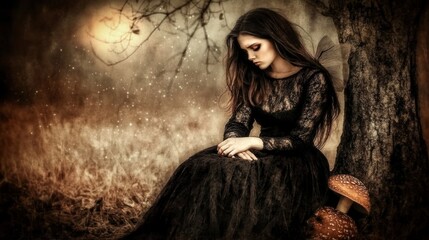 Fototapeta premium Sad fairy tale woman in black dress sitting on mushroom in mystical forest at night.