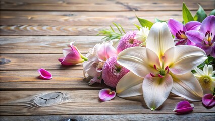 A delicate white lily surrounded by soft pink and purple orchids on a decorative wooden table, design, lily, luxury, elegance