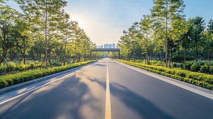 Serene Morning Drive: A sunlit road lined with lush green trees