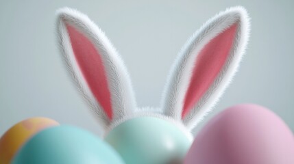 Fototapeta premium Colorful Easter eggs surround playful bunny ears, symbolizing fe