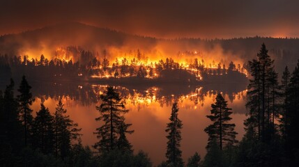 Fototapeta premium Intense wildfire reflecting on a serene lake at dusk