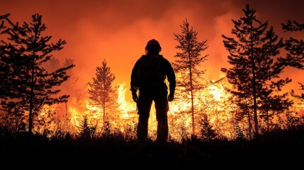 Fototapeta premium Firefighter facing a raging wildfire at dusk