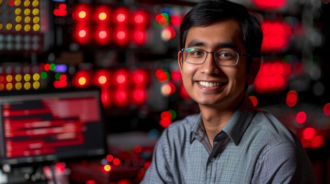 Confident technician smiling while working on a complex network server, showcasing expertise