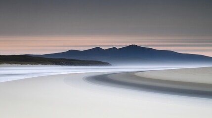 Obraz premium Serene coastal landscape at dawn, featuring smooth sand curves and distant mountains under a soft sky.