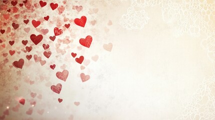 Romantic Valentine's Day Background with Falling Hearts and Lace