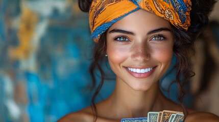 Joyful fortune teller with tarot cards and bright smile