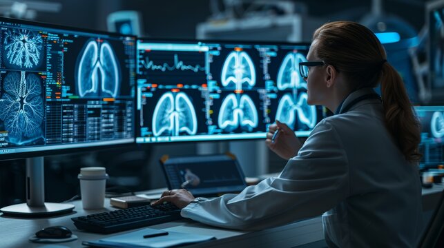 Doctor utilizing advanced interface to diagnose and treat virtual human lungs in long covid cases - Powered by Adobe