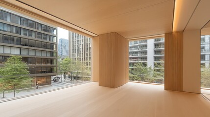 Obraz premium Modern minimalist interior design with large windows showcasing city views.