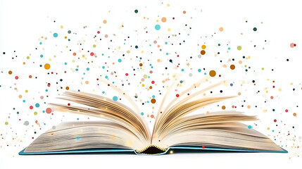 open book with glowing pages and colorful dots floating around it, symbolizing creativity and...