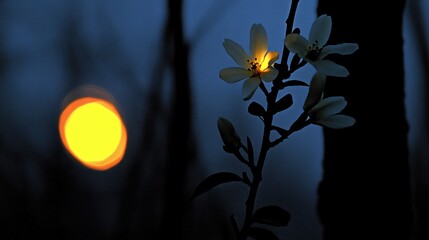 Illuminated white flowers silhouetted against a blurred sunset.