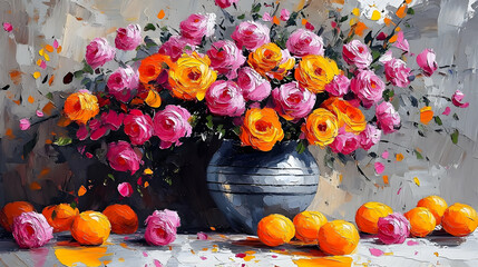 Vibrant Roses and Oranges Adorn a Still Life Painting Beautifully