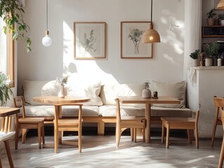 Sunlit Minimalist Cafe Seating Area With Wooden Furniture