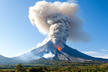 Volcano erupting ash cloud over snow covered desert landscape