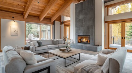 Fototapeta premium Spacious living room with fireplace, wood ceiling, and large windows.