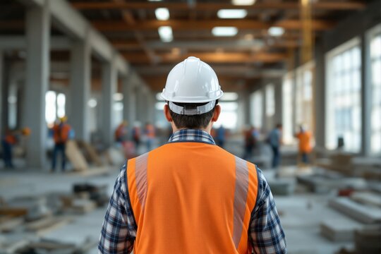 A construction worker in a white helmet and orange vest oversees a worksite. The background shows blurred workers in safety gear, industrial concept. Ai generative