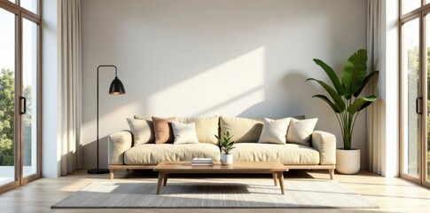 Minimalist living room with a single sofa and coffee table, minimalist decor, modern furniture