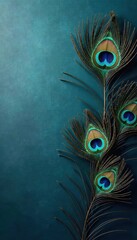 Fototapeta premium Modern peacock feathers in turquoise hues against a sophisticated grayish-blue luxury backdrop, feather, luxury