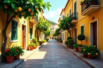 Naklejka premium Narrow streets lined with lemon trees and overflowing flower pots, flowers, villa