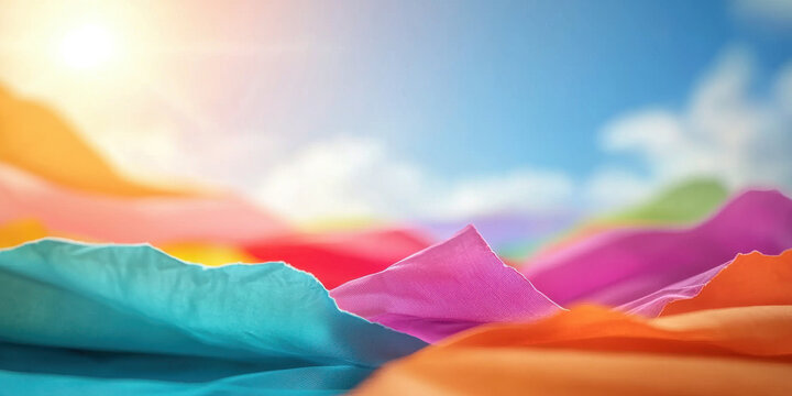 Colorful fabric waves in vibrant hues under bright sky, creating joyful atmosphere