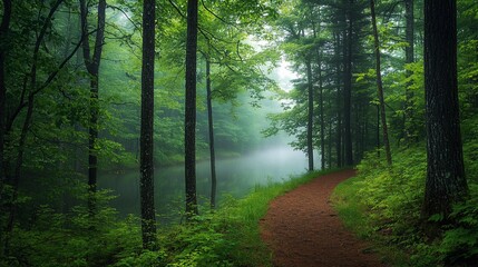 Obraz premium Misty forest path alongside calm lake.