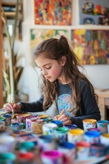 Fototapeta premium child draws with paints. Selective focus