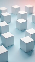 Obraz premium Randomly arranged white cube boxes on a background wallpaper with empty space, plain backdrop , clean layout