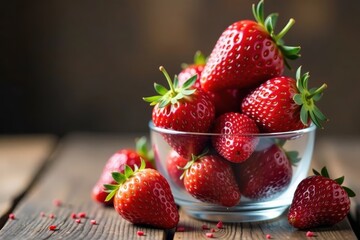 Plump strawberries stacked high in a delicate glass container , juicy, table setting