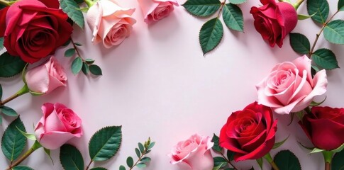 Red roses and pink roses with eucalyptus leaves in a corner frame, pink, red