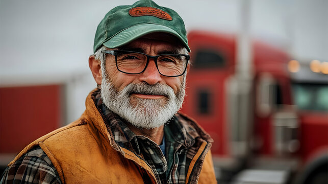 Trucker Wears Glasses and Hat Proudly While Posing in Front of His Semi-Truck